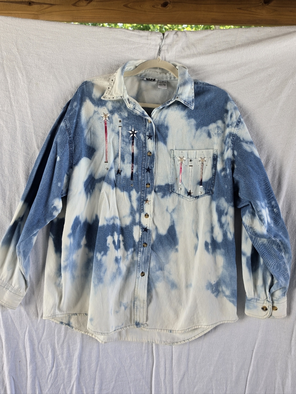 Vintage PTNV Upcycled Denim Shirt Womens XL Embroidered Patriotic Bleach Dyed